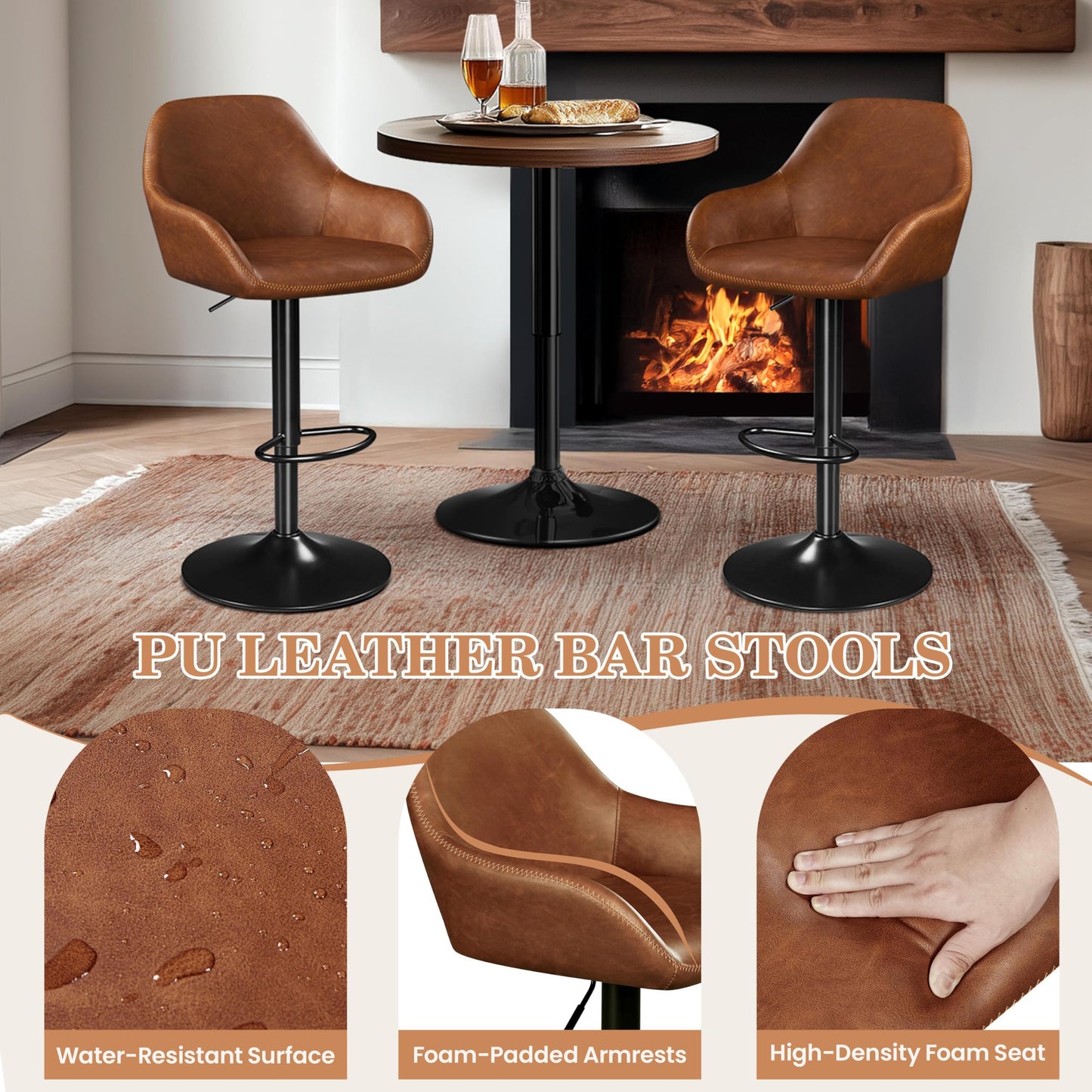 Yaheetech Bar Stools Set of 4, PU Leather Swivel Counter Height Barstools, Adjustable Bar Chairs with Backrest and Footrest, Kitchen Island Stool for Home Kitchen, Retro Brown