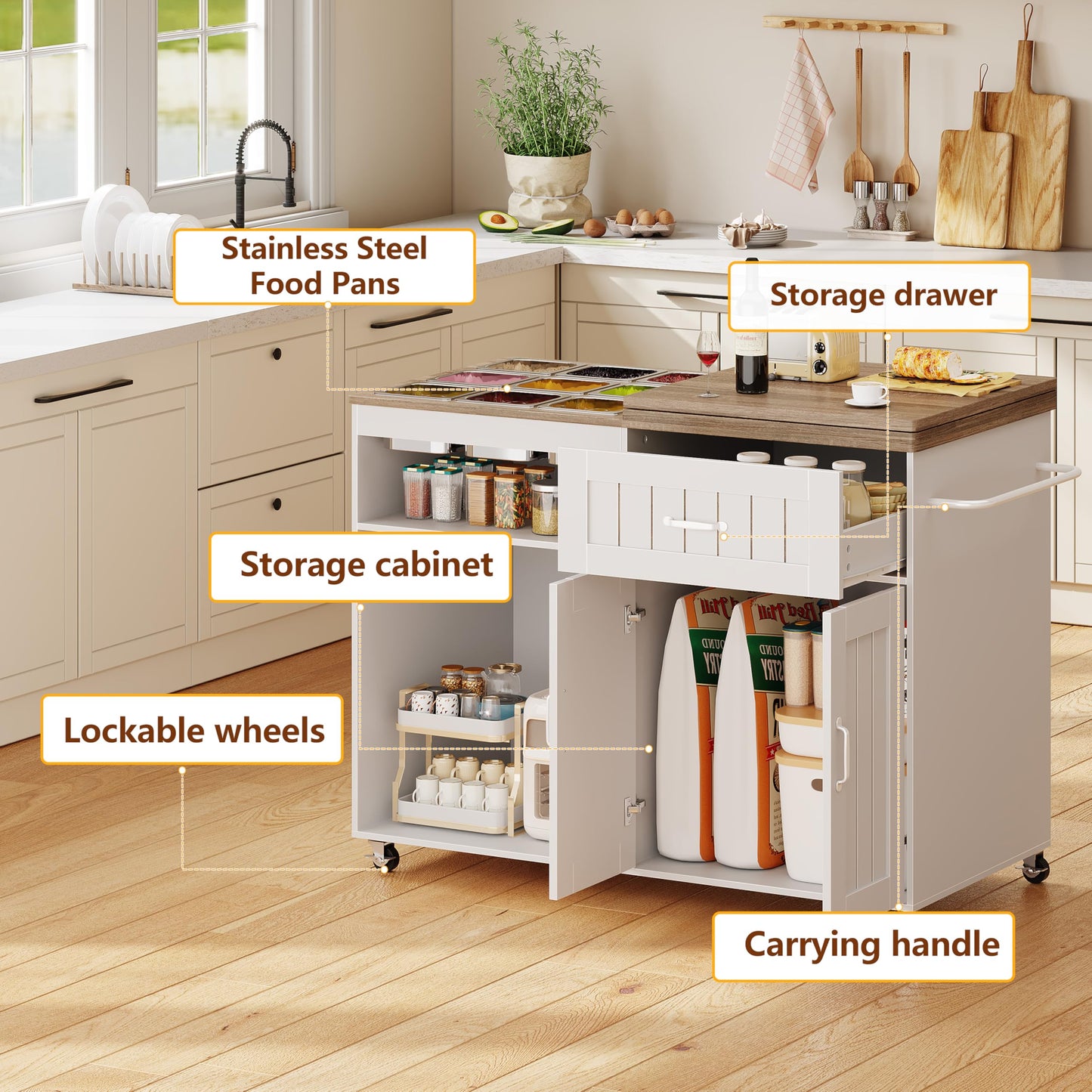 Zethvax 47.2" Foldable Charcuterie Cart with Stainless Steel Food Pans, Dessert Cart with Drawer & Storage Cabinet,Mobile Salad Bar Buffet Station for Home & Party (47.2")