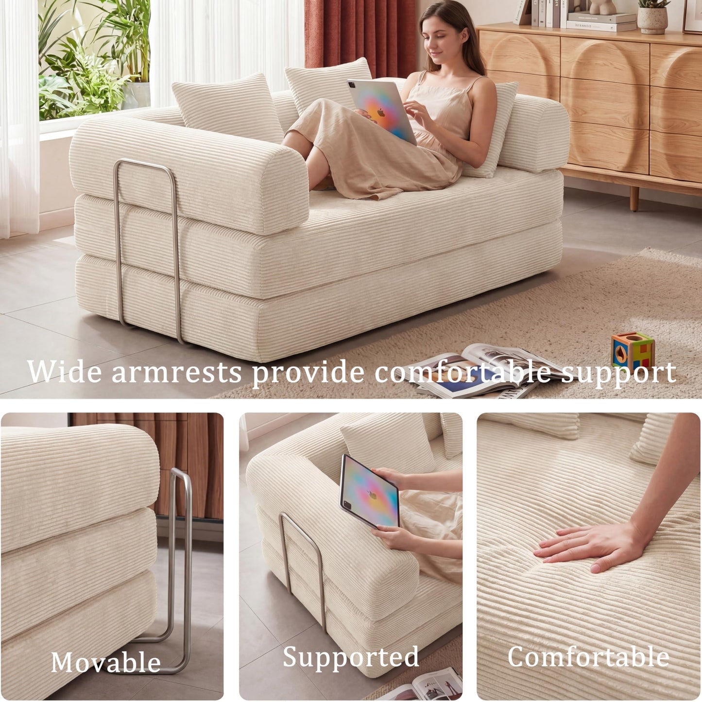 HouseMila 53.15" Boneless Couch,4-in-1 Futon Sofa Bed Modular Loveseat Sleeper Folding Compressed Couch with Pillows,No Assembly Required Convertible Sofa Bed for Living Room Bedroom Guest Room,Beige