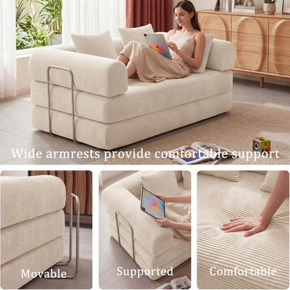 HouseMila 53.15" Boneless Couch,4-in-1 Futon Sofa Bed Modular Loveseat Sleeper Folding Compressed Couch with Pillows,No Assembly Required Convertible Sofa Bed for Living Room Bedroom Guest Room,Beige