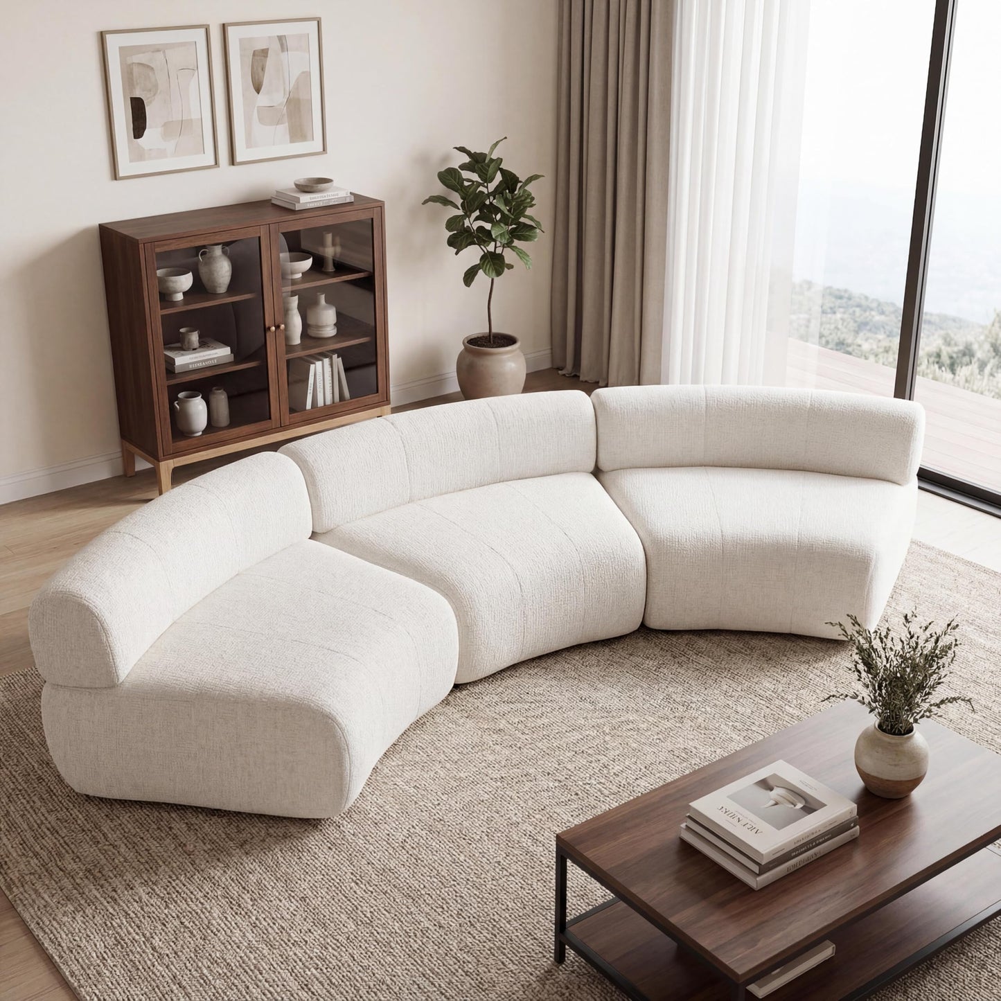 Christopher Knight Home Amino 118.5" Modular Sectional Sofa Chair, Modern Curved 3-Seater Large Sofa Couches, Comfy Upholstered Sectional Cloud Couch for Living Room, No Assembly Required, Beige