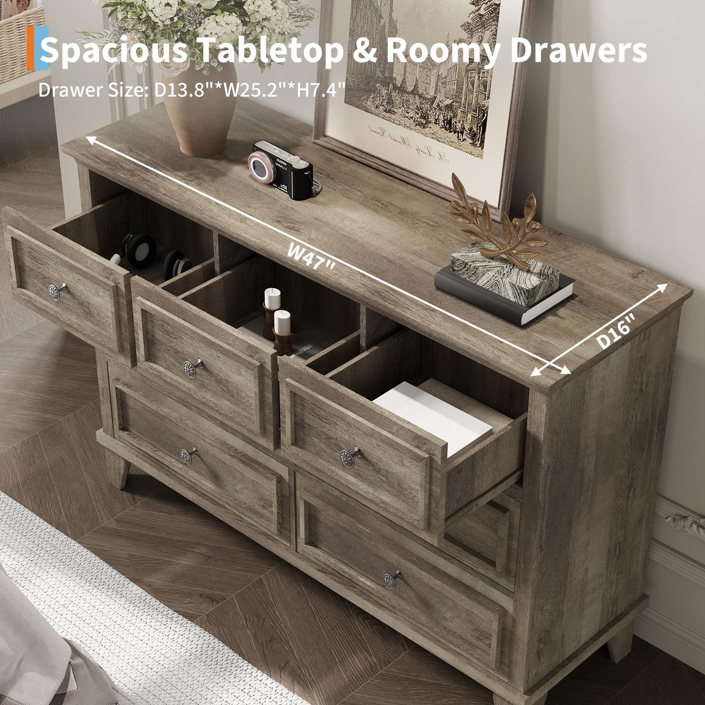 IDEALHOUSE 7 Drawer Dresser, Large Wooden Storage Chest of Drawers with Exquisite Metal Handles, 47" Wide Dresser TV Stand, Drawer Organizer for Bedroom, Living Room, Hallway, Entryway, Grey