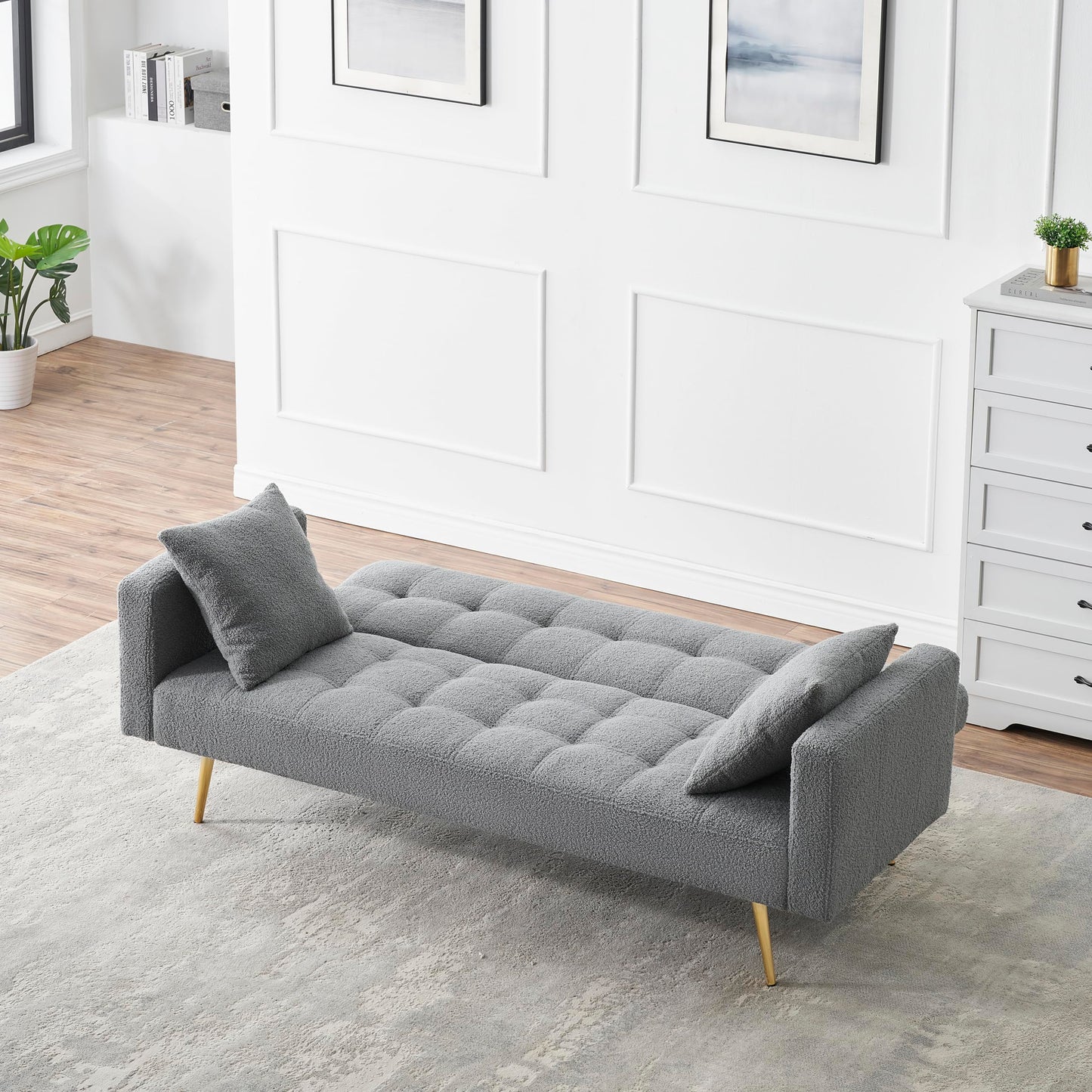 KEIKI 72" Folding Futon Sofa Couch w/Adjustable Backrest, Mid Century Modern Loveseat Convertible to Sleeper Bed, Small Comfy Teddy Cloud Couch SofaBed for Living Room & Bedroom, 2 Pillows, Gray