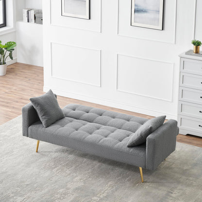 KEIKI 72" Folding Futon Sofa Couch w/Adjustable Backrest, Mid Century Modern Loveseat Convertible to Sleeper Bed, Small Comfy Teddy Cloud Couch SofaBed for Living Room & Bedroom, 2 Pillows, Gray