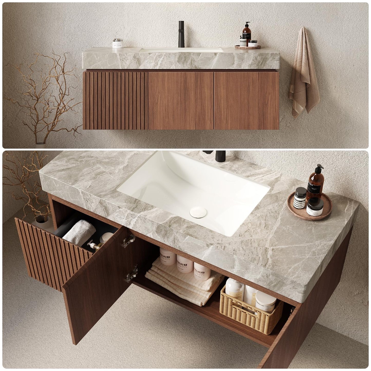 Trygoal 48" Bathroom Vanity with Sink, Wall-Mounted Plywood Bathroom Storage Cabinet with Ceramic Basin & Sintered Stone Countertop, Modern Pre-Assembled Floating Vanity with Drawer & Door, Brown Oak