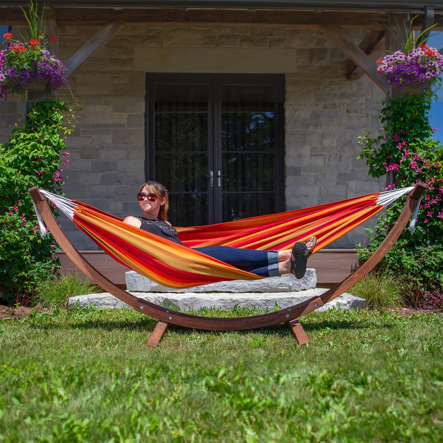 Vivere Fade and Weather-Resitant Brazilian Hammock with Solid Pine Arc Stand - 450 lb Weight Capacity