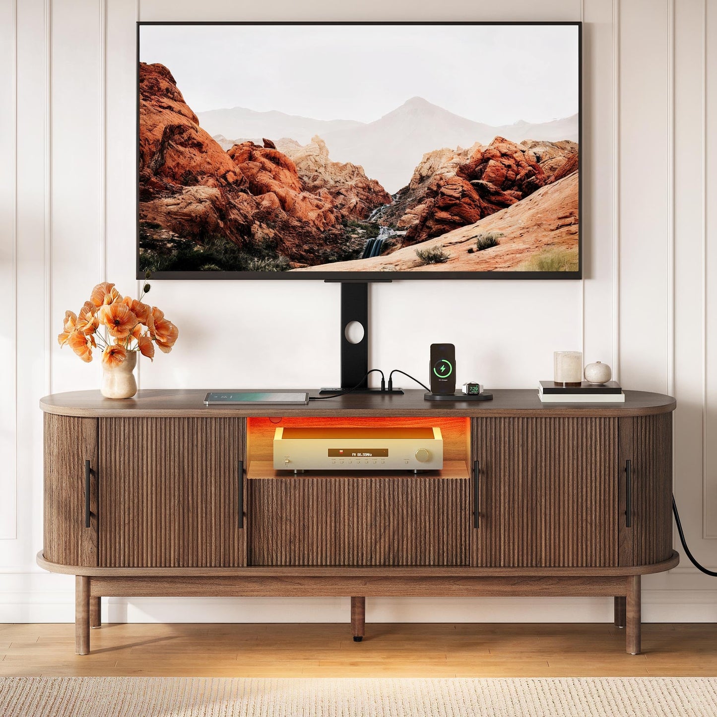 YITAHOME TV Stand with Mount and Power Outlet, Modern Entertainment Center with 3 Height Adjustment TV Mount for 32-70 inch TVs, LED Fluted TV Media Console with Sliding Doors, Curved Profile Design