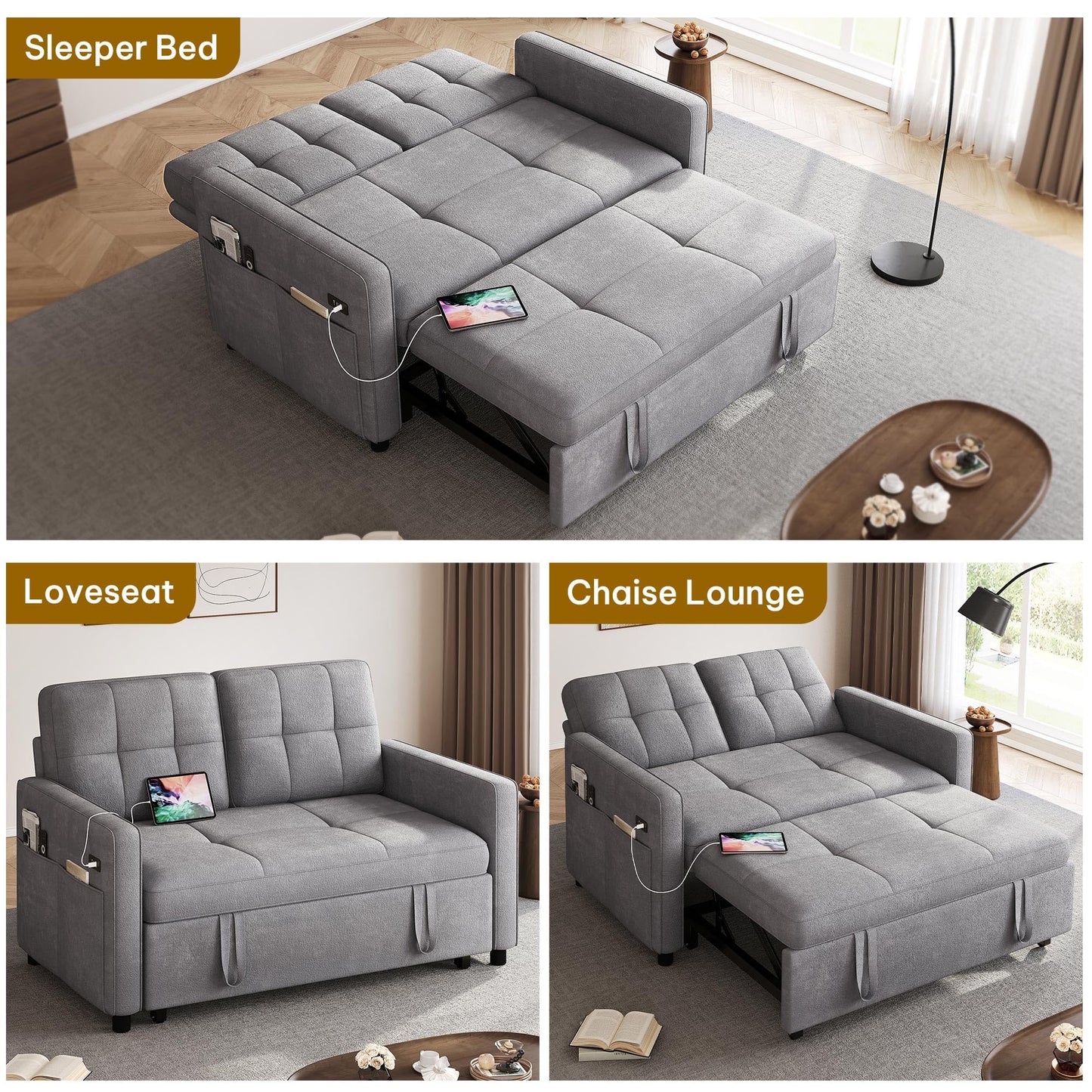 DWVO 55" Convertible Sofa Bed, 3-in-1 Sleeper Sofa with Pull-Out Couch, Velvet Futon Couch with Adjustable Backrest and USB, Modern Loveseat for Living Room Apartment, Light Grey