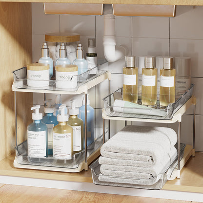 Delamu 2-Tier Multi-Purpose Bathroom Under Sink Organizers and Storage, Stackable Kitchen Pantry Organization, Pull Out Medicine Cabinet Organizer with Movable Dividers, White, 2 Pack
