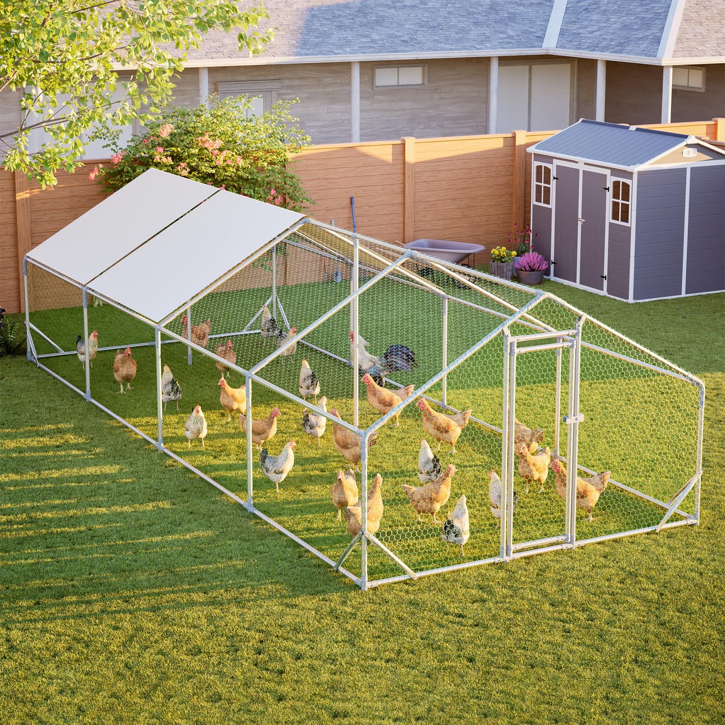 YOPTO Metal Chicken Coop with Run,10x26x6.56ft Walk-in Chicken Run W/Removable Waterproof & Anti-Ultraviolet Cover,Chicken Pen W/Security Lock,Hen House Enclosure for Ducks,Rabbits