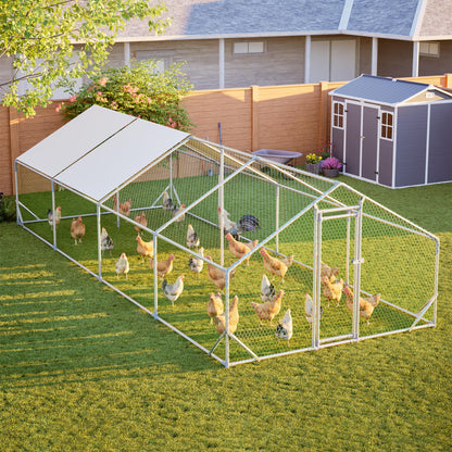 YOPTO Metal Chicken Coop with Run,10x26x6.56ft Walk-in Chicken Run W/Removable Waterproof & Anti-Ultraviolet Cover,Chicken Pen W/Security Lock,Hen House Enclosure for Ducks,Rabbits