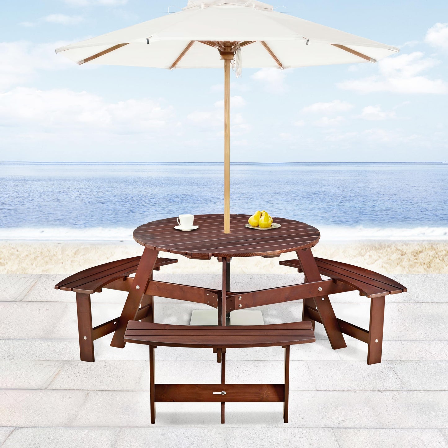 Royard Oaktree 6 Person Wooden Picnic Table, Outdoor Round Picnic Table with 3 Built-in Benches and Umbrella Hole, Outside Table and Bench Set for Backyard, Garden, Porch, Patio, Brown