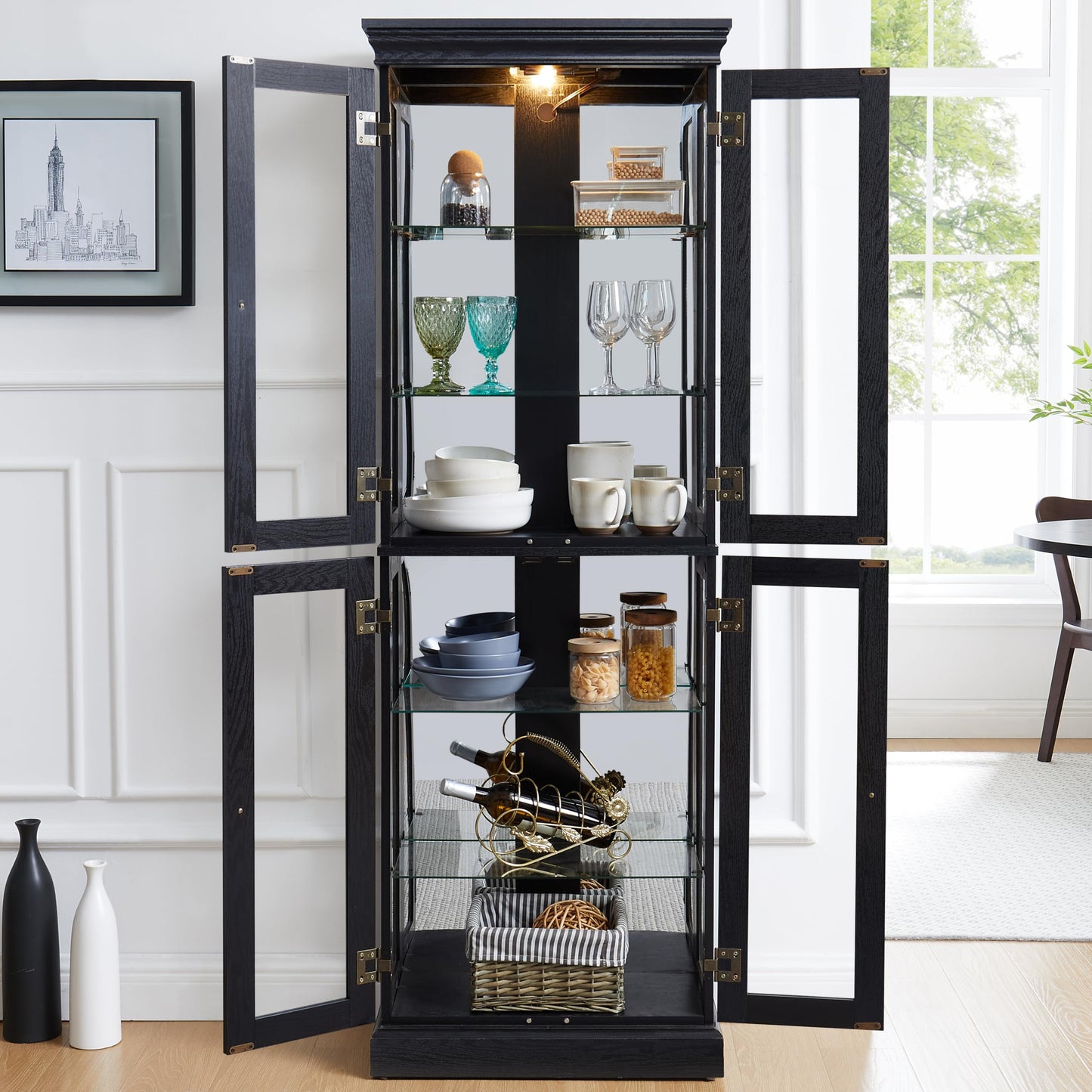Elegant Lighted Glass Curio Display Cabinet Wooden Frame Storage for Living Room, Kitchen Includes Light Bulb Ideal for Wine, Toys Collectibles Black