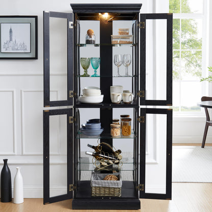 Elegant Lighted Glass Curio Display Cabinet Wooden Frame Storage for Living Room, Kitchen Includes Light Bulb Ideal for Wine, Toys Collectibles Black