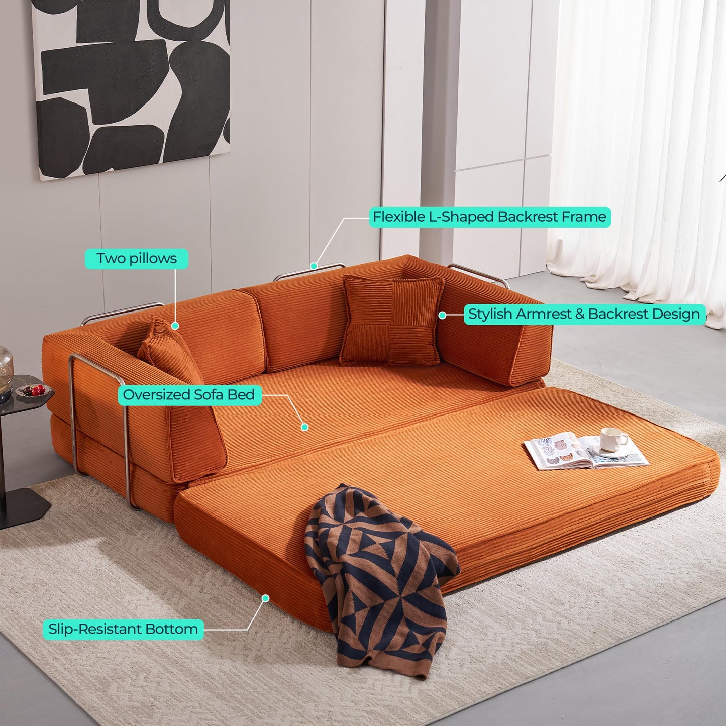 LINSY HOME Sofa Bed Couch - Convertible Boneless Couch Bed with 2 Pillow (Orange)