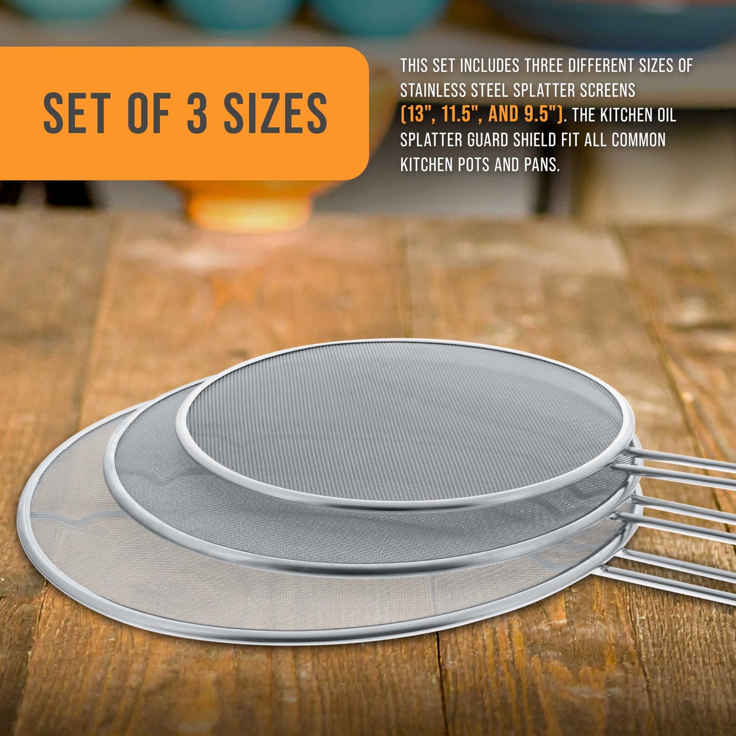 U.S. Kitchen Supply Set of 3 Stainless Steel Splatter Screen - 13", 11.5" & 9.5" Sizes - Fine Mesh Splatter Screen with Resting Feet Set, Grease Guard for Kitchen Pots and Pans