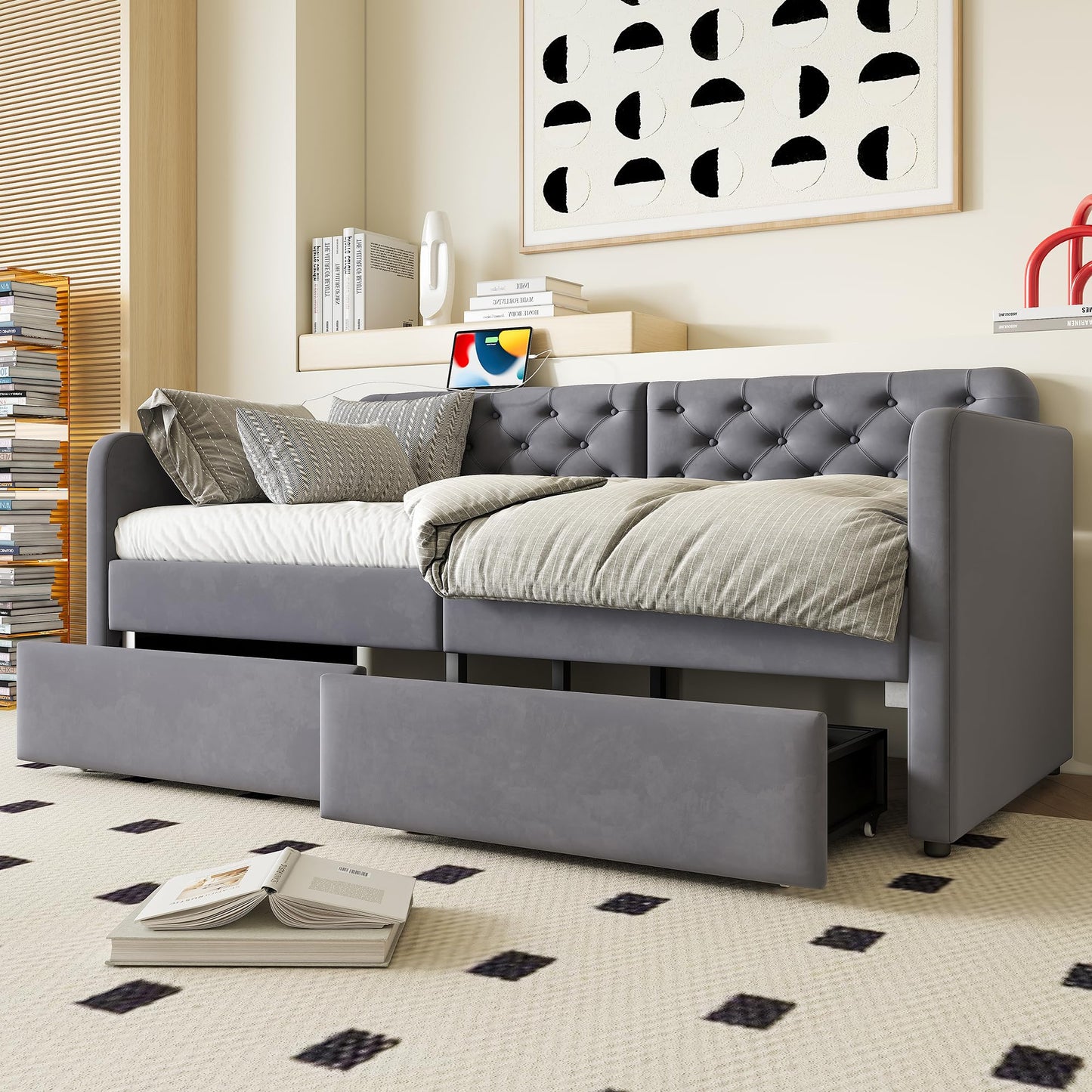KEIKI Twin Upholstered Daybed with 2 Storage Drawers & USB Charging, Plush Velvet Button-Tufted Headboard, Sofa Bed for Living Room or Bedroom, No Box Spring Needed, Gray