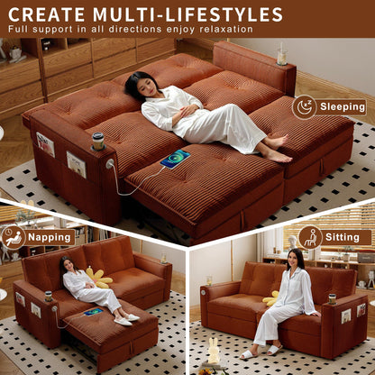 KEIKI Convertible Sofa Bed, 3 in 1 Pull Out Couch, 73" Pull Out Sofa Bed with Side Pocket for Living Room, Bedroom, Small Space, Orange