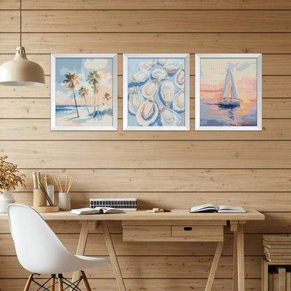 Kemingni 3 Pack Pastel Ocean Beach Diamond Painting Kit, Tropical Palm Tree Nautical Sailboat Oysters Diamond Art Kits for Adults Beginners, Full Drill Gem Painting for Home Wall Decor, 9.8x11.8 Inch