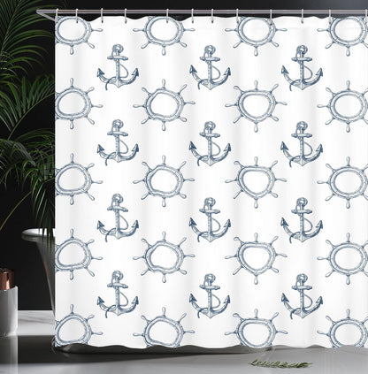 Ambesonne Ships Wheel Shower Curtain, Night Blue Anchors and Steering Wheels Pattern, Marine Themed Print, 69" W x