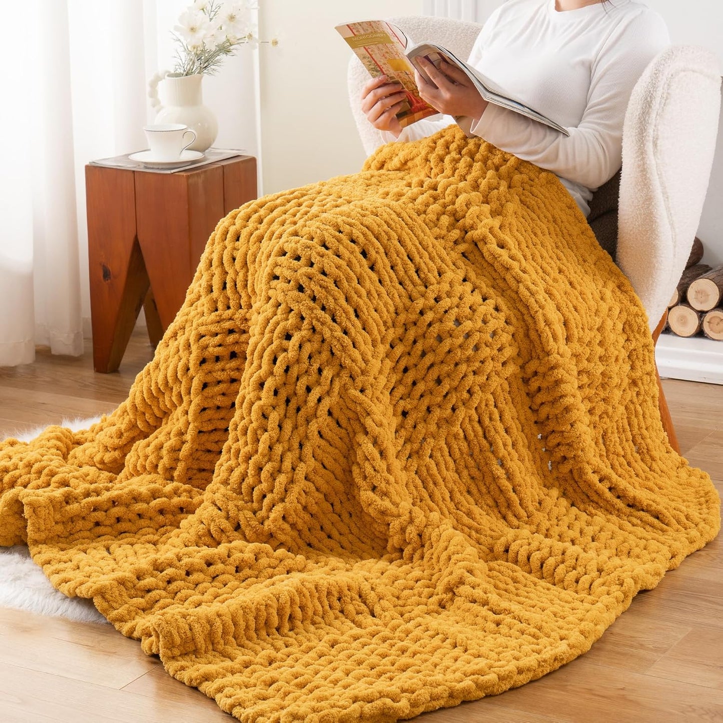 50"x60" Bunnikins & Clover Mustard Yellow Throw Blanket for Couch, Chunky Knit Gold Blanket Throw with Chenille Yarn