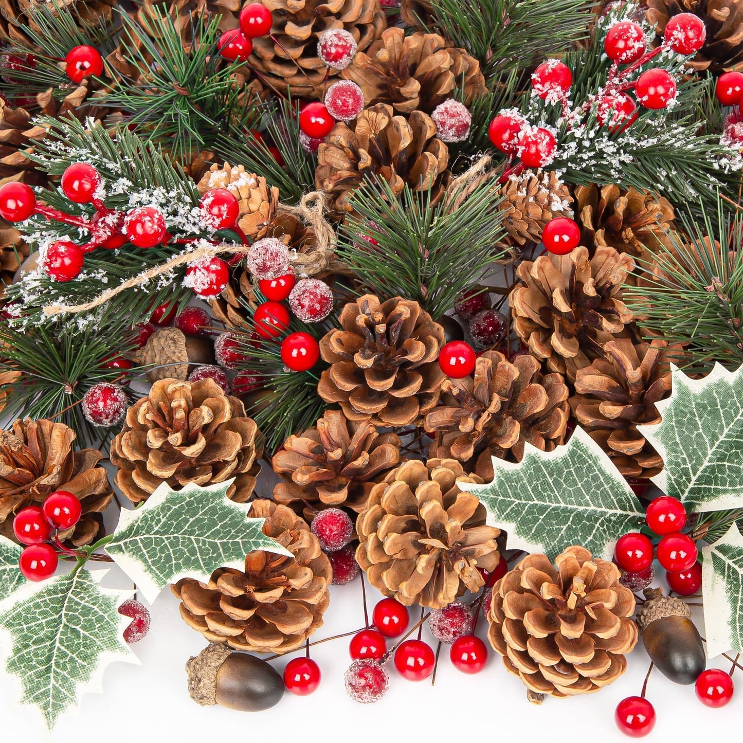 Christmas Pine Cones for Crafts Decorations 144PCS Natural Pine Cones & Artificial Pine Branch & Red Berry & Berry Stems Bulk, for DIY Crafts, Christmas Wreath & Bowl & Vase Filler, Table Decor