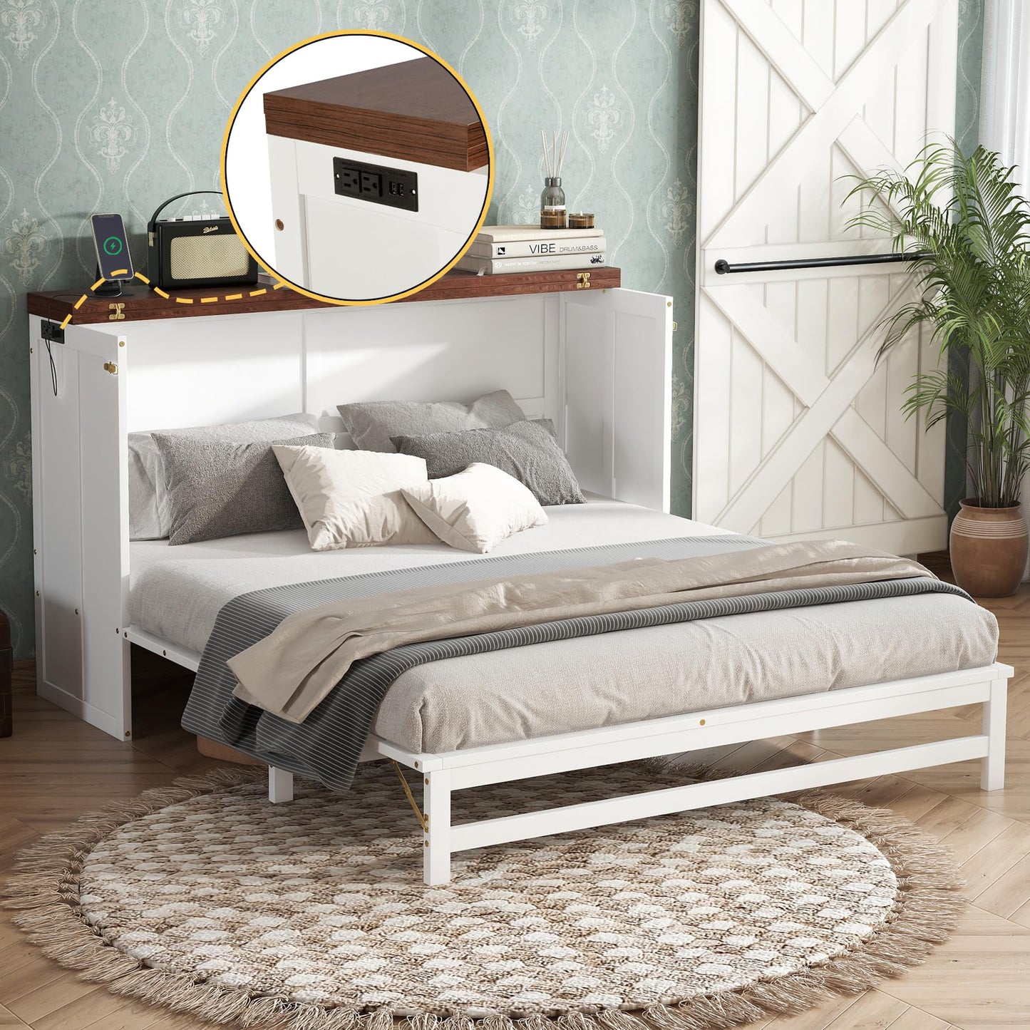 Bellemave Full Murphy Bed with Storage Drawer and Charging Station, Cabinet Bed, Farmhouse Murphy Cabinet with Foldable Panel, Noisy Free, for Guest Bedroom, Living Room, White+Walnut Panel