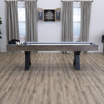 American Legend Kirkwood 9’ Shuffleboard Table with LED Rails, Bowling Game Set, Rustic Wood Finish & Accessories Included