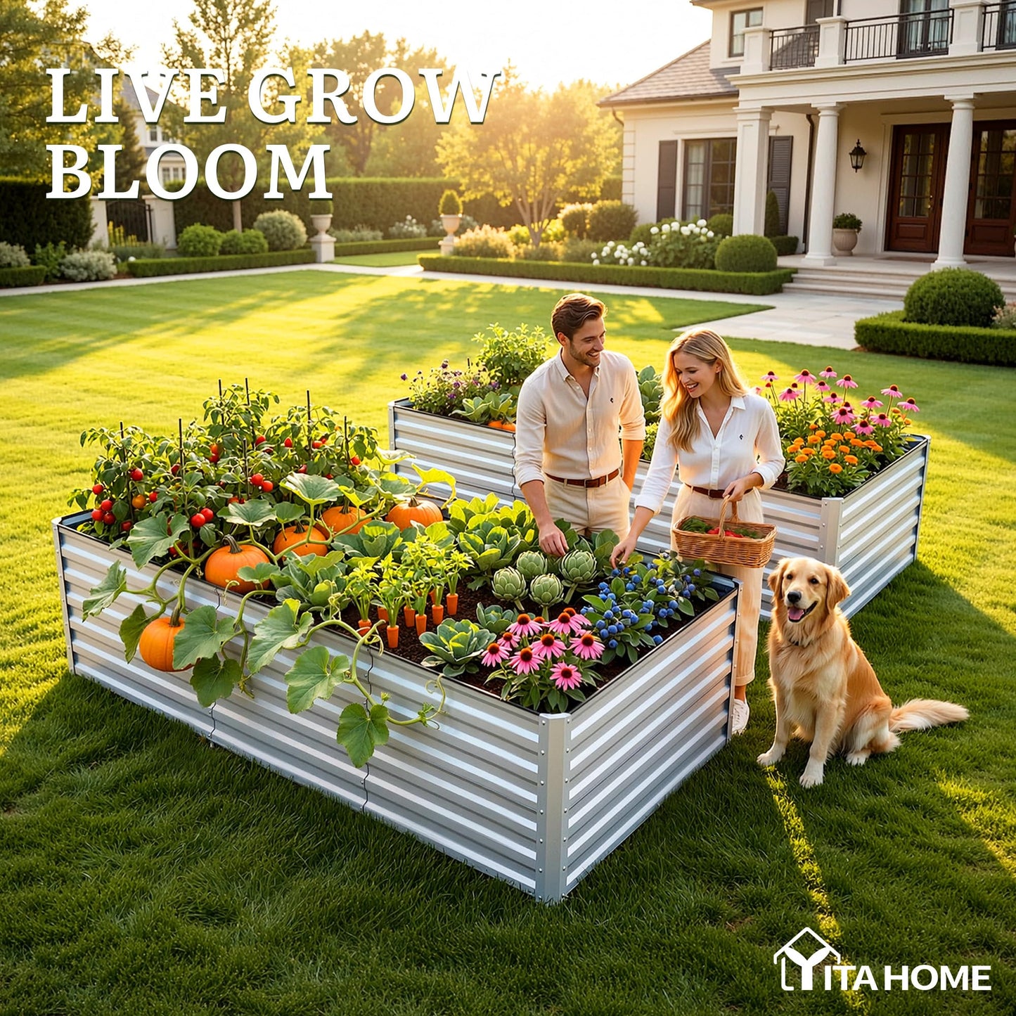 YITAHOME 8x4x2 ft 4pcs Galvanized Raised Garden Bed Kit, Large Metal Planter Box with Gloves, Safety Rubber & Support Rod, Outdoor Flower Bed for Plants Vegetables, Silver