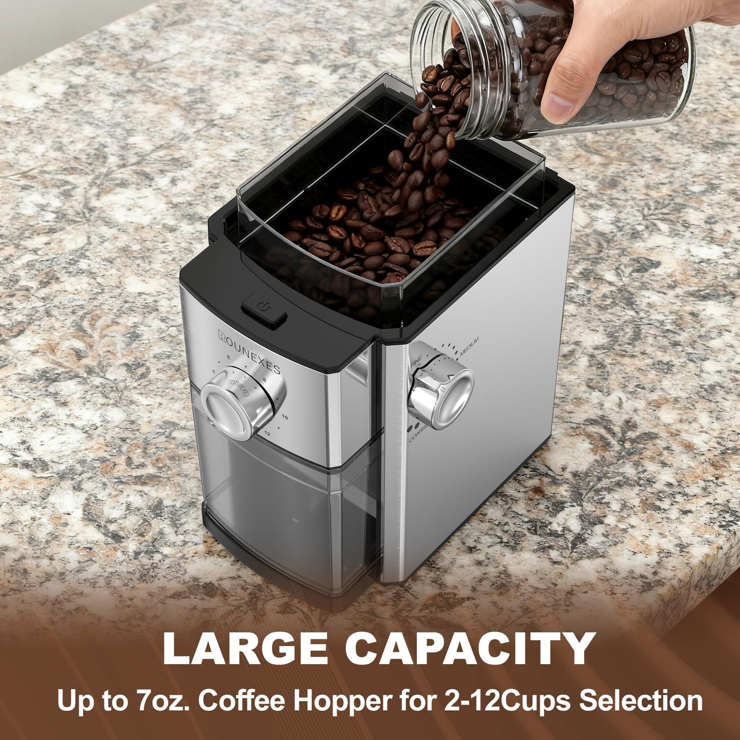 ROUNEXES Electric Flat Burr Coffee Grinder, Coffee Grinder with 17 Grind Settings, Coffee Beans Grinder with Removable Burr, Large Capacity Bean Hopper & Compact Design for Home&Office