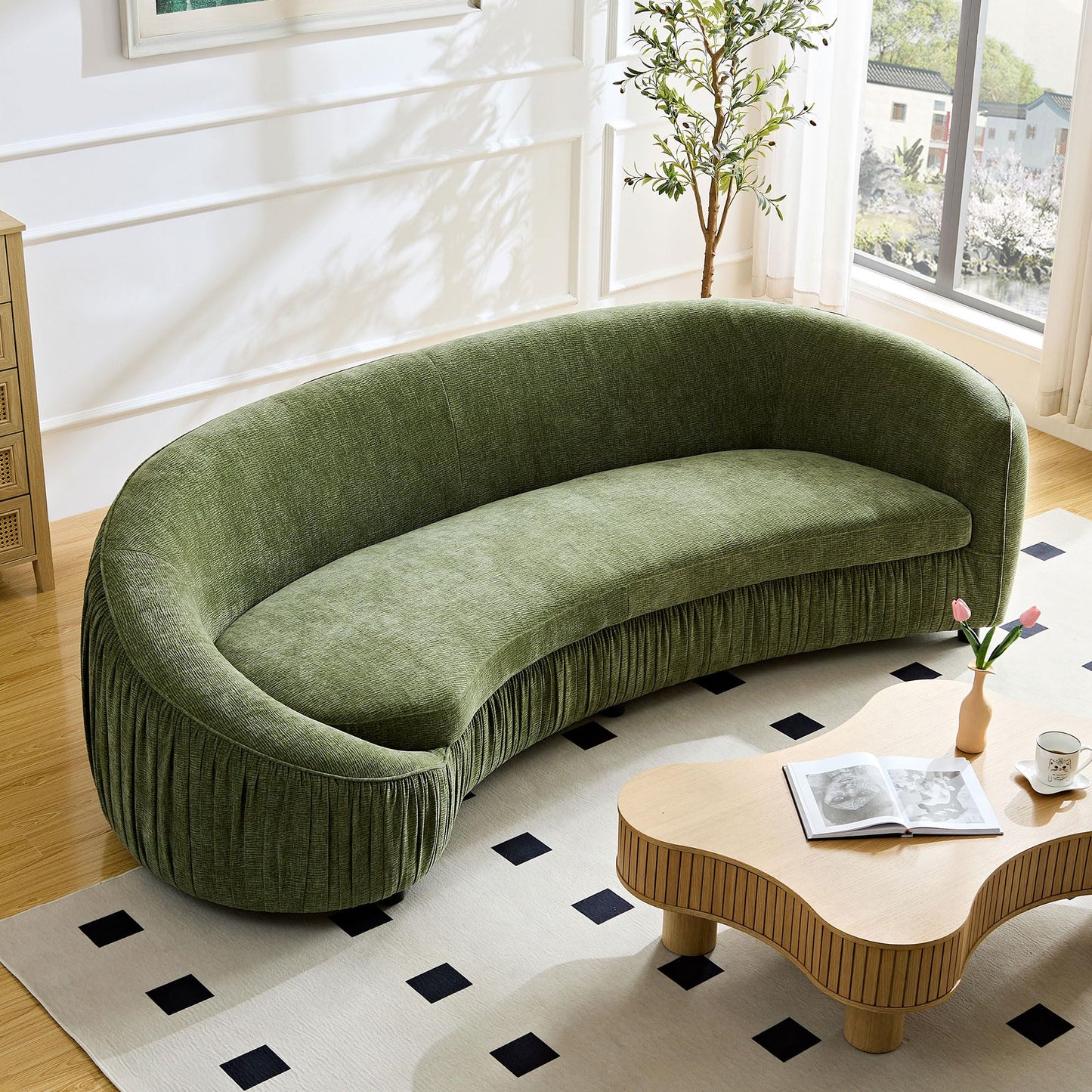 KEIKI 92" Oversized Curved Shaped Upholstered Modular Sectional Sofa, Minimalist 4-Seater Couch with Seat Cushions and Ergonomic Backrest, No Assembly Required, for Apartment, Living Room, Green