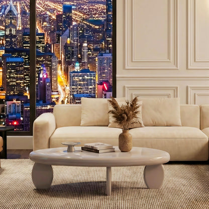 46" Modern Cobblestone Coffee Table, High Gloss Gray Oval Top with Sculptural Pebble Legs, Engineered Wood Construction, Contemporary Centerpiece for Living Rooms, Minimalist Home Interiors, Gray