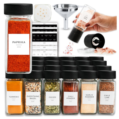 SAVVY & SORTED Glass Spice Jars with Label 24 PK - 4 Oz Spice Containers with 374 Minimalist Preprinted Labels Stickers, Pepper Grinder Funnel Shaker Lids, Empty Seasoning Containers Bottles