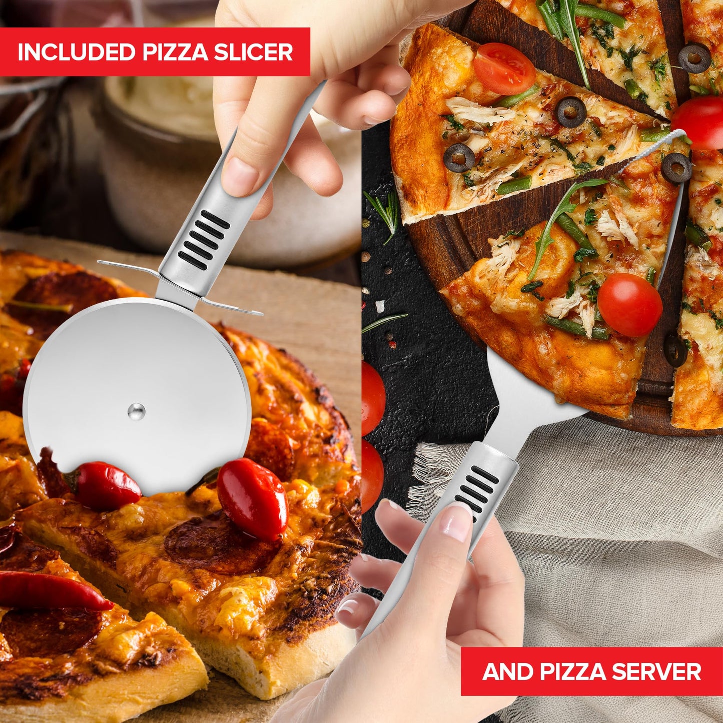 Essential Pizza Oven Accessories Kit- Includes Extra-Long Wooden Handle, 2 Brush Heads with Stainless Steel, Heat-Proof Bristles- + Slicer & Server |Works on Gozney, Blackstone & Pizza Ovens