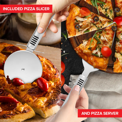 Essential Pizza Oven Accessories Kit- Includes Extra-Long Wooden Handle, 2 Brush Heads with Stainless Steel, Heat-Proof Bristles- + Slicer & Server |Works on Gozney, Blackstone & Pizza Ovens