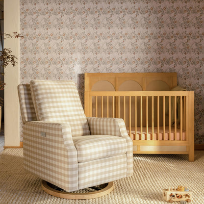 Namesake Crewe Glider Recliner Nursery Chair - GREENGUARD Gold & Certi-PUR US Certified Rocker Recliner - Glider Rocking Chair for Nursery & Living Room - Electronic, 270° Swivel, Tan Gingham