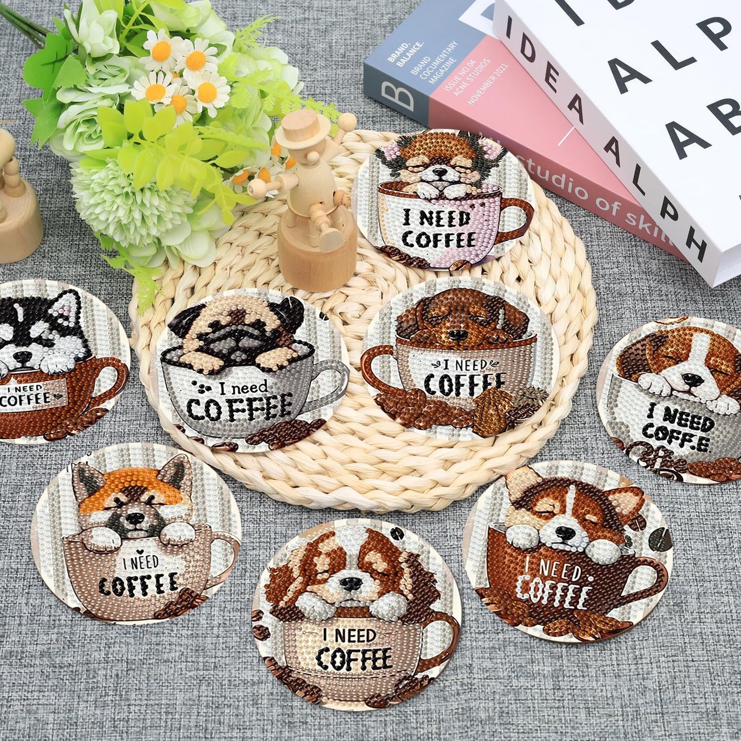 Ekuxom 8 Pcs Coffee Dog Diamond Art Coasters Kits with Holder-Diamond Painting Coasters Kits-DIY Crafts Art Coaster Kit for Home Decor