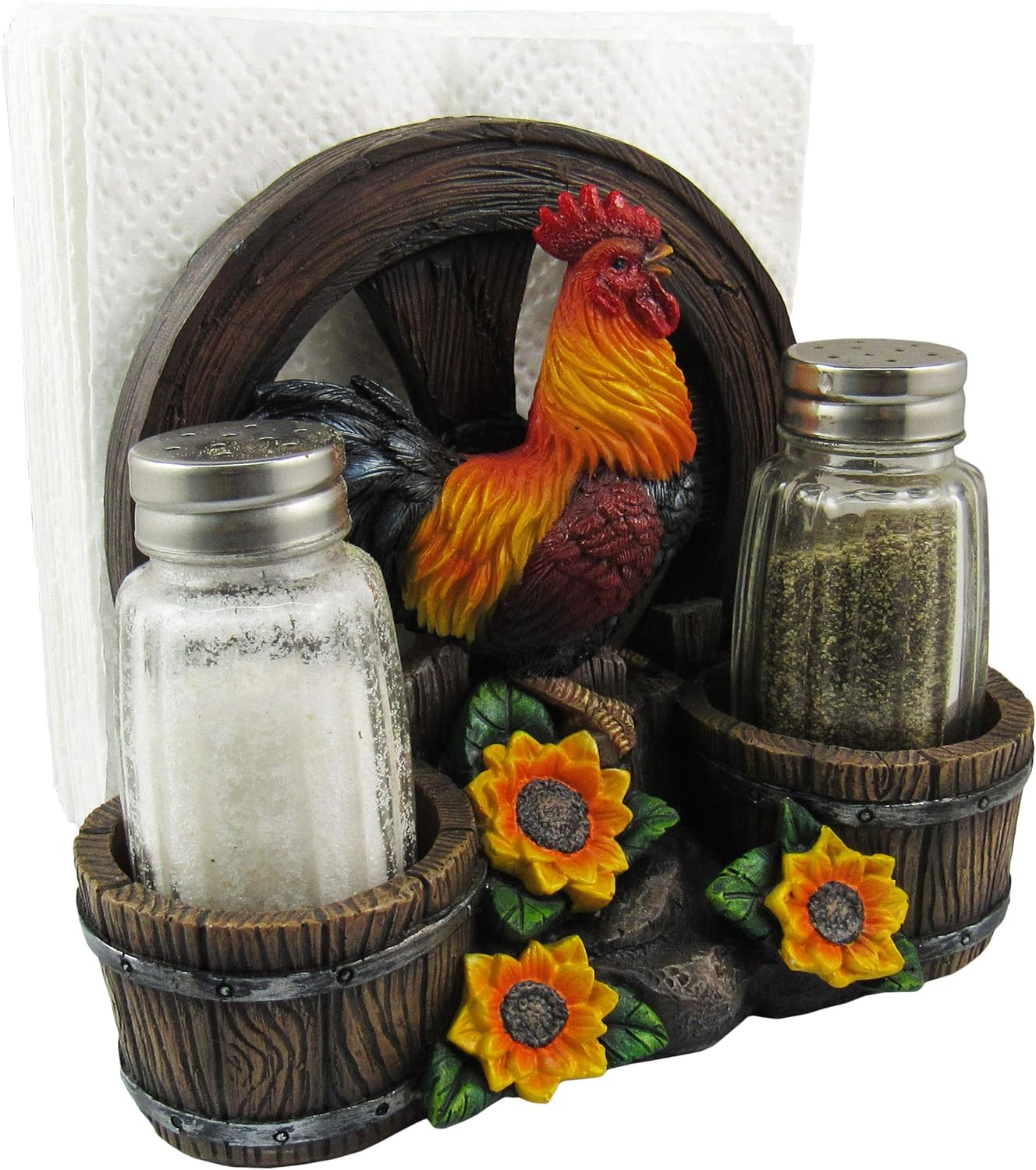 DWK - Country Diner - Rooster with Wagon Wheel Farm Barrel and Sunflowers Napkin Salt & Pepper Shaker Holder Home Décor Kitchen Accessory Dining Accent 3-Piece Set, 6-inch
