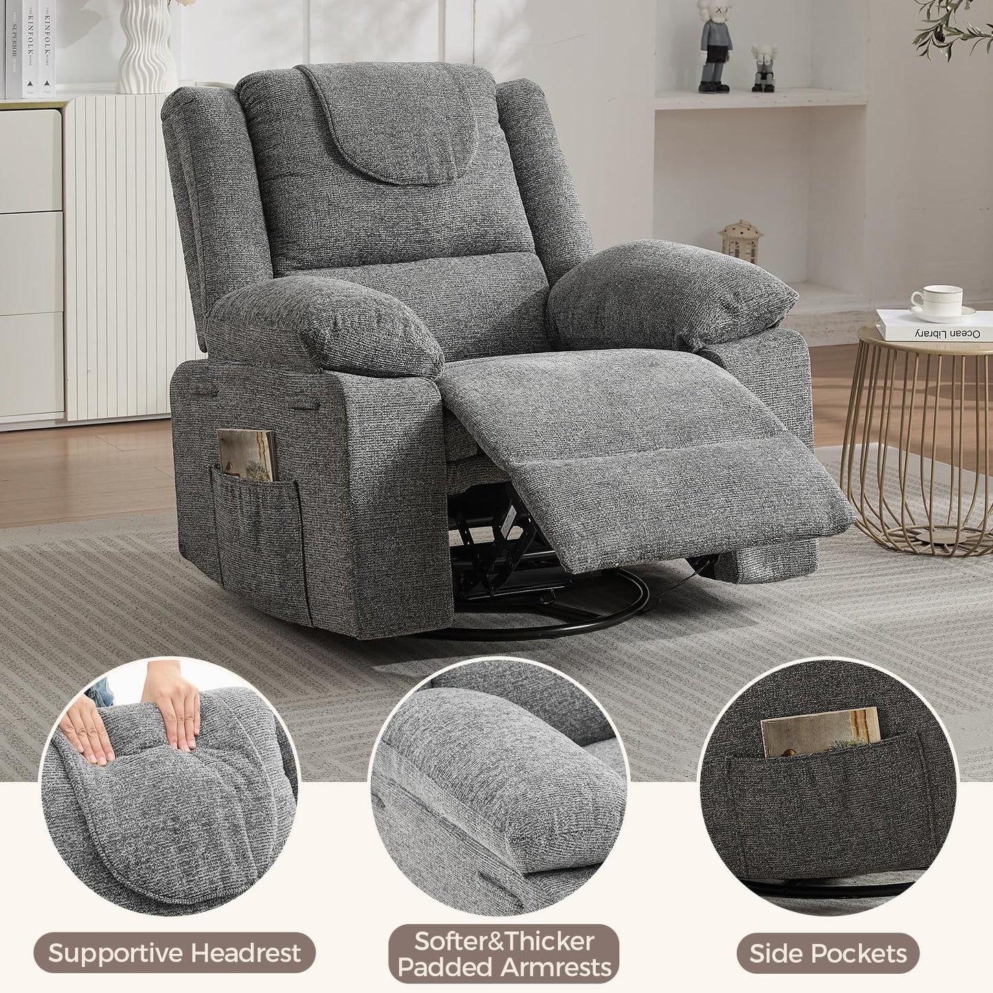 Adults Oversized Rocking Nursery Glider Recliner Chair,360° Swivel Rock Recliner Chairs Single Sofa with Vibration Massage and Heating for Living Room/Bedroom,Grey