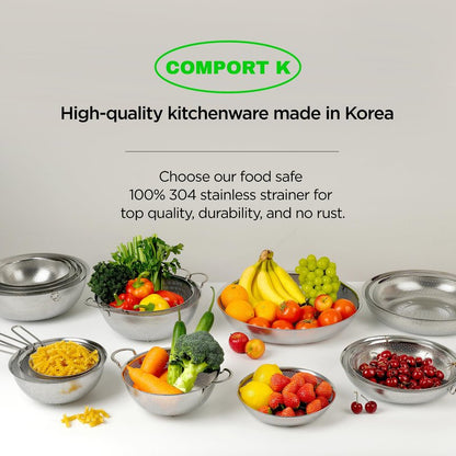 COMPORT K Premium 18/8 304 Stainless Steel Set of 3 – Micro-Perforated Strainer with Long Handle, Self-Draining Base for Pasta Rice Vegetables, 18/8 304 Heavy Duty (1.5, 2.5, 4 Qt) Made in Korea