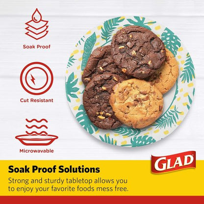 Glad Round Disposable Paper Plates - Soak Proof & Cut Resistant - Palm Leaves Pattern, 10 Inch, 50 Count