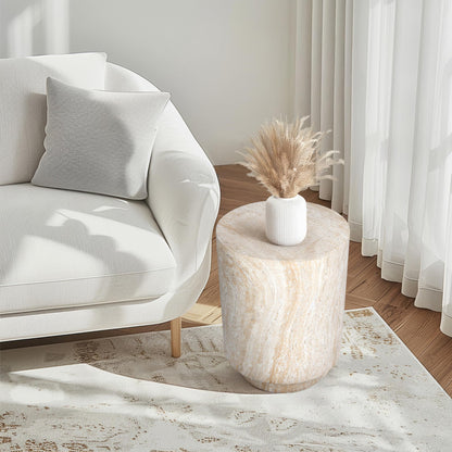 Empire Art Direct Cylinder Travertine Stone Finish Italian Design MgO Side Accent Table, Living Room, Bedroom & Office, 14.2"x14.2"x18.3"