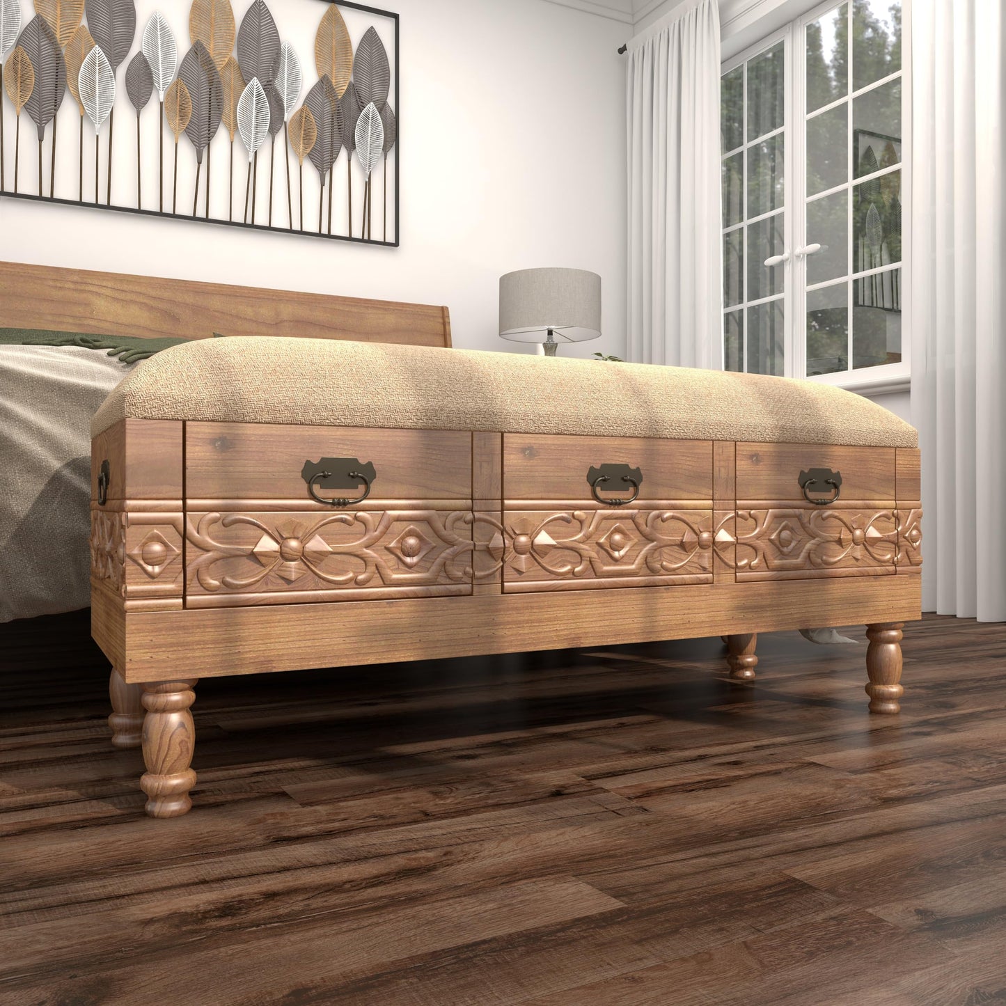 Deco 79 Wood Floral Room Storage Bench Intricately Carved Entryway Bench with Cream Burlap Top, Bench 47" x 16" x 20", Brown