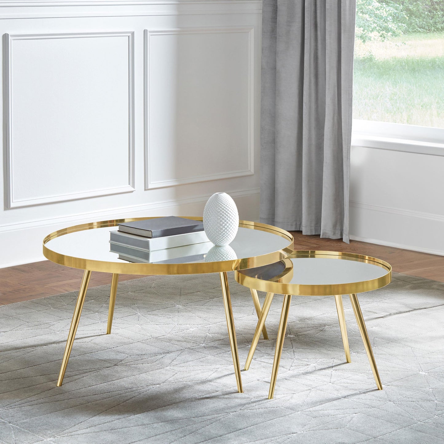 Coaster Home Furnishings - Kaelyn - 2-Piece Round Mirror Top Nesting Coffee Table with Metal Frame - Contemporary - Living Room - Gold - 723918