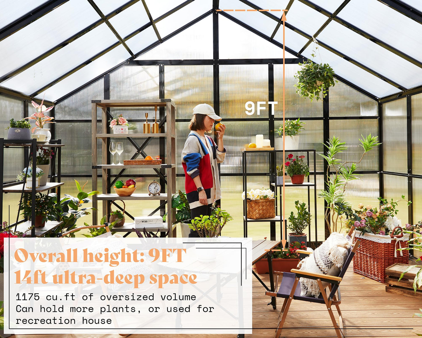 AMERLIFE 12x13.5x9 FT Walk-in Backyard Greenhouse, Aluminum Frame with Polycarbonate Panels, Easy Quick-Connect Assembly, 6.7 FT Bronze Double Doors, 4 Ventilation Windows, Black