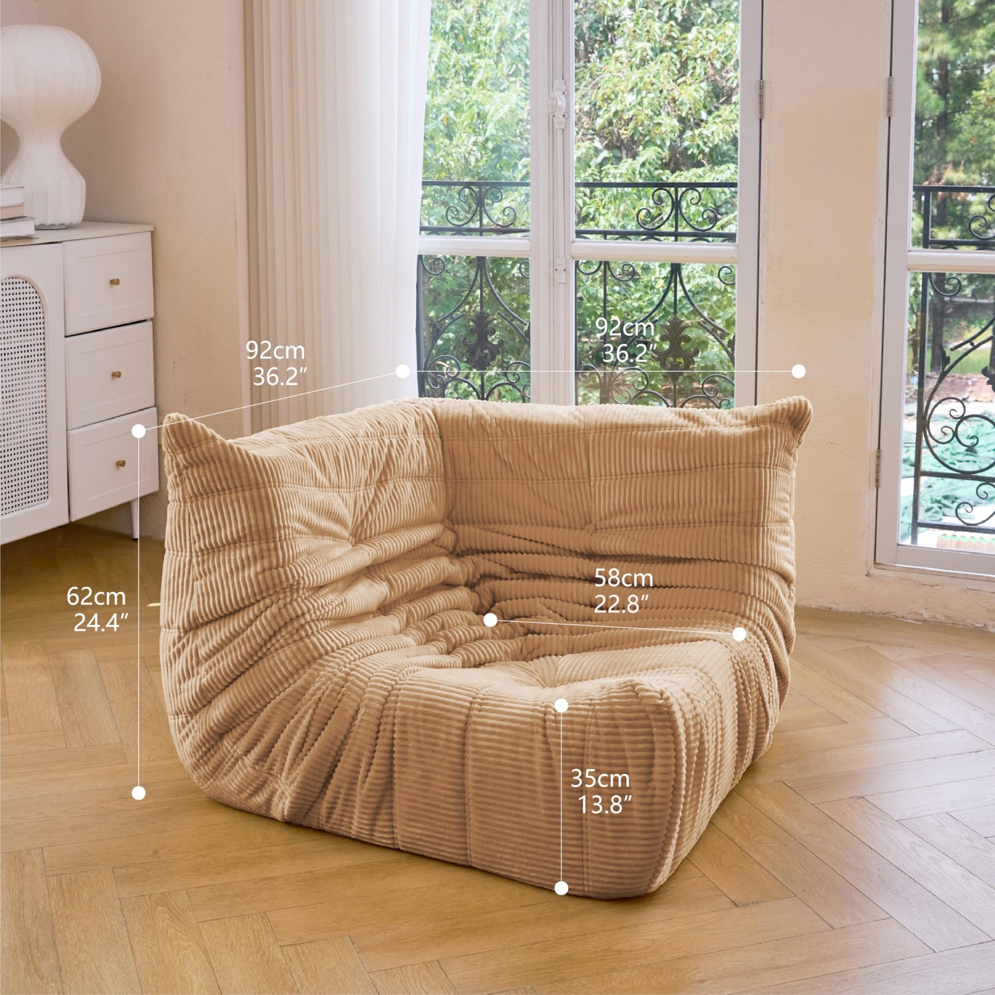N&V Fireside Corner Chair, Mid Century Armless Floor Sofa, Soft Premium Corduroy Floor Lounge Chair, Foam Sofa Accent Chair for Living Room Bedroom and Office (Beige)