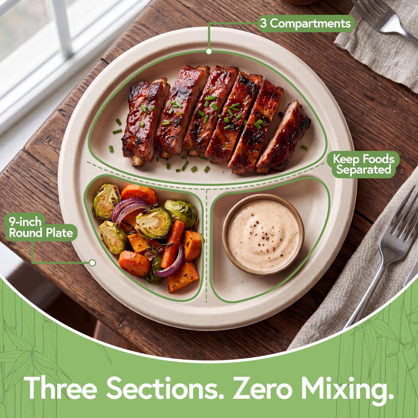 Jenvita Bamboo Paper Disposable Plates with Compartment (500-Pack, 9-inch) - Sturdy & Microwave Safe | Disposable Sectioned Plates | PFAS Free, Biodegradable | FSC Certified Alternative to Plastic
