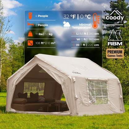 Coody 10.0 Inflatable Canvas Camping Tent for 2–4 People – Premium Air Beam Glamping Tent with Stove Jack, Breathable TC Cotton Canvas, Fast Setup Inflatable Family Tent with Pump, Beige