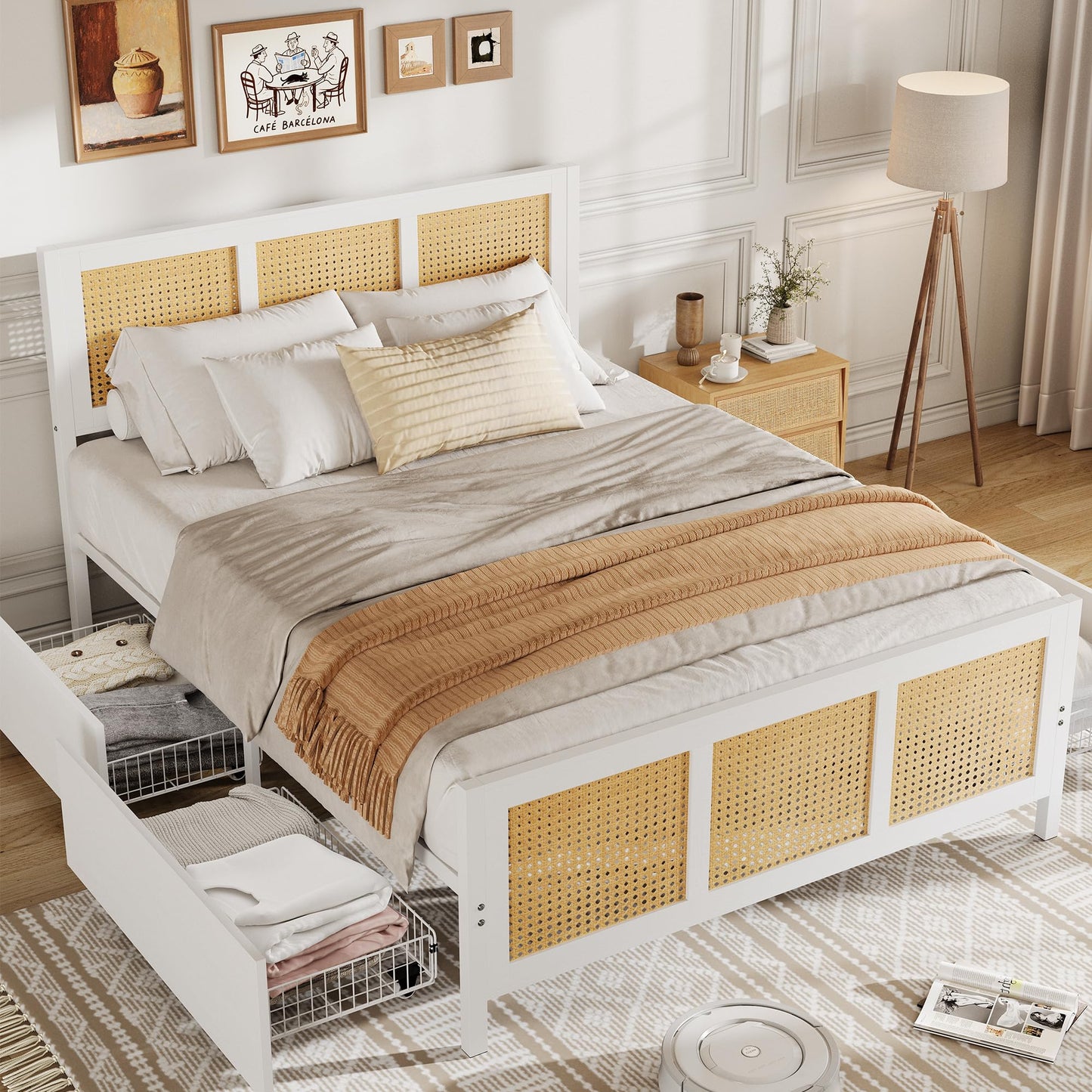 Garvee Rattan Queen Bed Frame with LED Headboard (7 Colors), Boho Cane Platform Bed with 4 Large Drawers, Strong Metal Slats Support, Noise Free, No Box Spring Needed, Easy Assembly, White