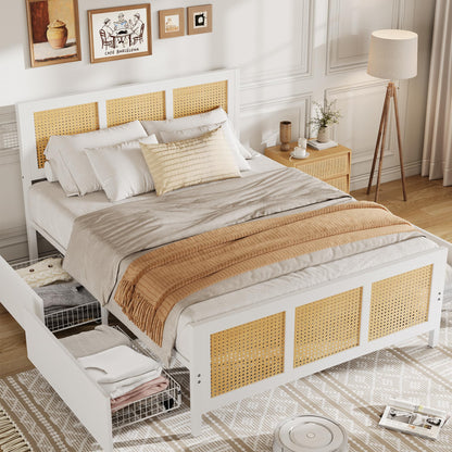 Garvee Rattan Queen Bed Frame with LED Headboard (7 Colors), Boho Cane Platform Bed with 4 Large Drawers, Strong Metal Slats Support, Noise Free, No Box Spring Needed, Easy Assembly, White
